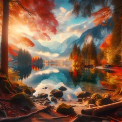 Foto auf Acrylglas beautiful autumn scene of hintersee lake colorful morning view of bavarian alps on the austrian bor lovely wallpaper © Brand