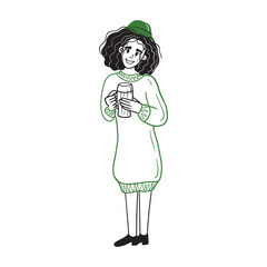 Cute girl standing and holding mug of beer in knitted green dress and hat as a symbol of spring, Saint Patrick's day celebration. Hand drawn vector sketch illustration in doodle flat cartoon style.