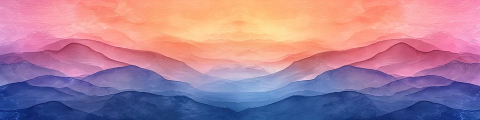 Fotobehang Surreal mountain landscape in watercolor, featuring layered peaks in shades of blue transitioning to a warm pink sky, ideal for background or decor © Tata Che