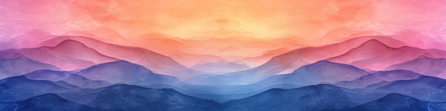 Surreal mountain landscape in watercolor, featuring layered peaks in shades of blue transitioning to a warm pink sky, ideal for background or decor