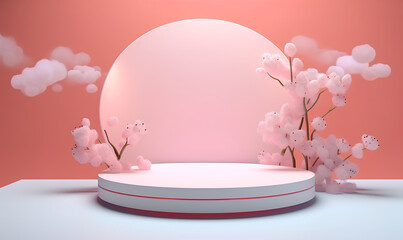 Podium, pedestal, base, 3D with flowers as components for placing products Or make a promotion during the festival with a bright pink background. There is perfect lighting.