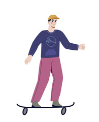 Sports activity person concept. Man at skateboard. Active lifestyle and leisure. Extreme sport. Sticker for social media. Cartoon flat vector illustration isolated on white background