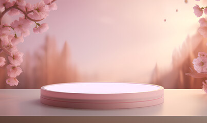 Podium, pedestal, base, 3D with flowers as components for placing products Or make a promotion during the festival with a bright pink background. There is perfect lighting.