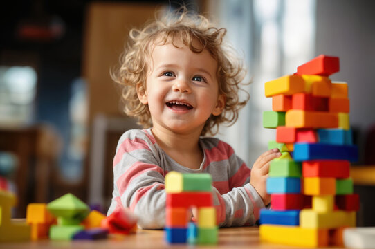 Happy child playing with blocks. Fostering creativity and learning through joyful toddler exploration, building foundations for education and development