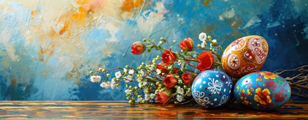 Colorful easter eggs and spring flowers on a blue wooden background. Happy Easter concept