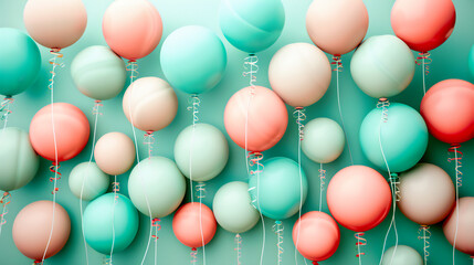 Colorful birthday balloons flying in the sky, concept of celebration and joy, festive background with helium balloons and cheerful colors
