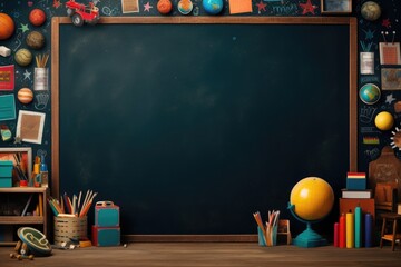 Back to school theme featuring a blank blackboard Background, School supplies around blank black chalkboard with space for text or inscriptions. Ai generated