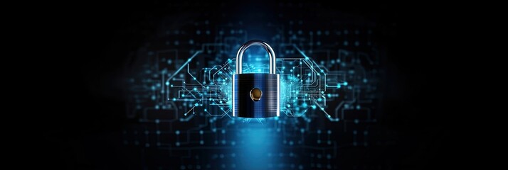 Digital security lock, network lines, wide banner in concept of cyber defence