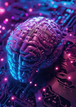 Un cerveau sur un circuit imprimé, intelligence artificielle, art conceptuel spatial, effets de lumière colorés.