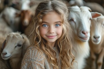 Young girl feeding goats in a lively barn