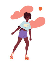 Summer activity concept. Active lifestyle and leisure outdoor. Woman at roller skates. Graphic element for website. Cartoon flat vector illustration isolated on white background