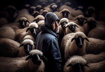 Shepherd and flock of sheep. Generative AI - obrazy, fototapety, plakaty