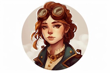 portrait of a steampunk girl in a circle, game character, 2d, white background 