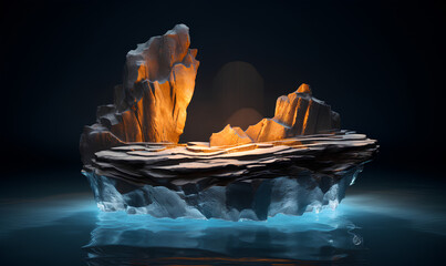 The stone platform shone with a golden light. For placing products to create promotions, there is perfect lighting in a 3D format. The base of the rock is covered with ice. Black background. - obrazy, fototapety, plakaty