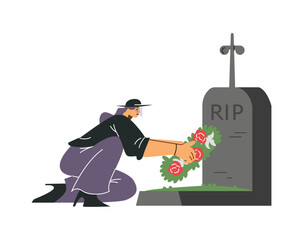 Woman puts a funeral wreath of flowers on the gravestone burial, vector person in sadness mourns the dead, funerary