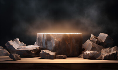 A stone platform for placing products to create promotions has perfect lighting in a 3D format, a black background with a little smoke floating in it.