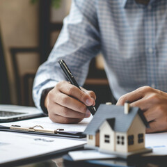 Realtor signing mortgage agreement for home with clients. Home loan and buying own property