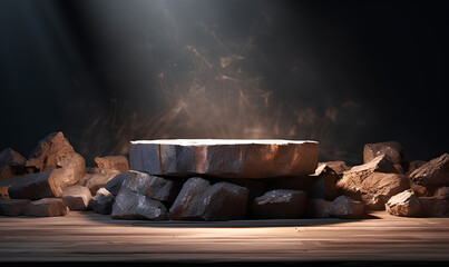 Stone platform for placing products to make advertising media, banners, posters in 3D format, black and white, with a background of a pile of stones. There is perfect lighting.