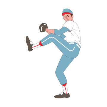Baseball player throwing the ball. Summer sports,. Team game. Baseball pitcher. Vector image