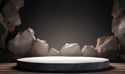 Product display base, 3D format, black and white, background is a pile of rocks. There is perfect lighting.