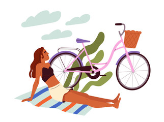 Summer activity concept. Active lifestyle and leisure outdoor. Woman sunbathing at blanket near cycle. Sticker for social media. Cartoon flat vector illustration isolated on white background