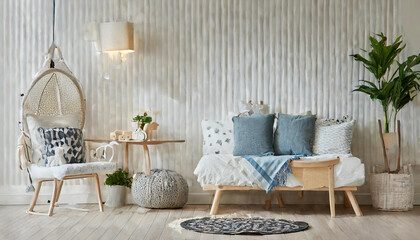 Empty white wall in modern child room. Mock up interior in scandinavian, boho style. Copy space for your picture or poster. Bed, armchair, toys, rattan basket. Cozy room for kids. 3D rendering