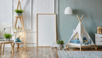 Empty white wall in modern child room. Mock up interior in scandinavian, boho style. Copy space for your picture or poster. Bed, armchair, toys, rattan basket. Cozy room for kids. 3D rendering