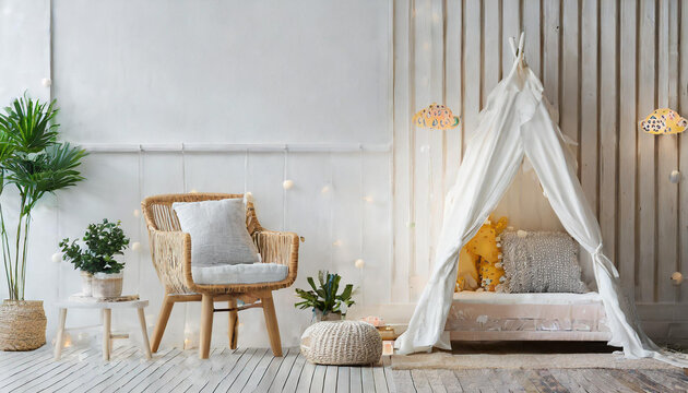Empty white wall in modern child room. Mock up interior in scandinavian, boho style. Copy space for your picture or poster. Bed, armchair, toys, rattan basket. Cozy room for kids. 3D rendering
