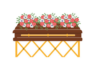Closed coffin on the stand with flowers wreaths, vector funeral mourning tradition, ritual burial ceremony of dead human