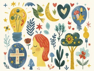 Supportive Symbols for Mental Health: Calming Palette in Flat Design with Positive Messages