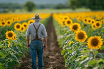 Farmer inspects rows of blooming sunflowers in a field