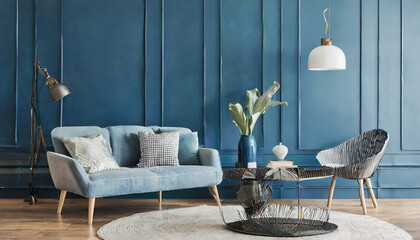 Mock up wall in steel blue modern interior background, living room, Scandinavian style, 3D render, 3D illustration