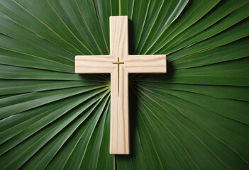 Wooden Christian cross on lush palm leaf backdrop, overhead view