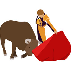 Bullfighter with red cloth and bull vector icon isolated on white
