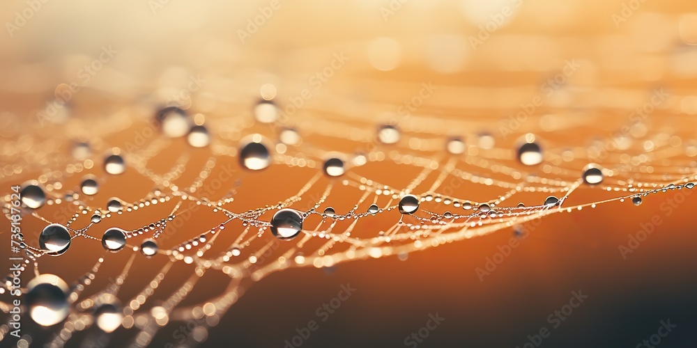 Wall mural spider dew web connection trap in morning raining drops decorative background view