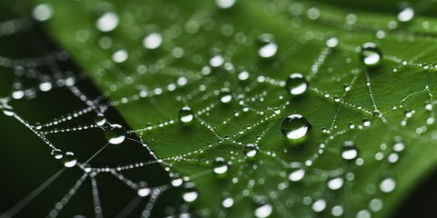 Spider dew web connection trap in morning raining drops decorative background view