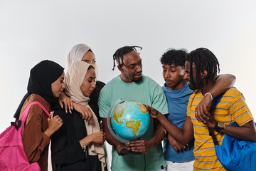 A diverse group of students is gathered around a globe, engrossed in exploration and study, their...