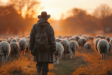 Farmer taking care of sheep