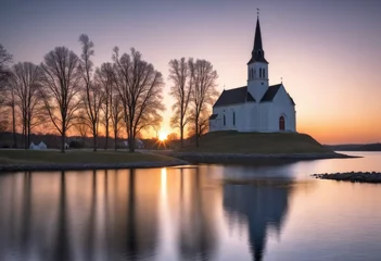 Zelfklevend Fotobehang Church on the lake at sunset © SR07XC3