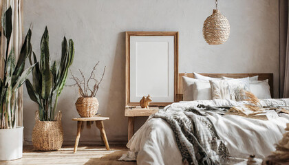 Mockup frame in bedroom interior background, Coastal boho style, 3d render