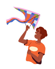 Summer activity concept. Active lifestyle and leisure outdoor. Boy with colorful kite. Sticker for social networks. Cartoon flat vector illustration isolated on white background