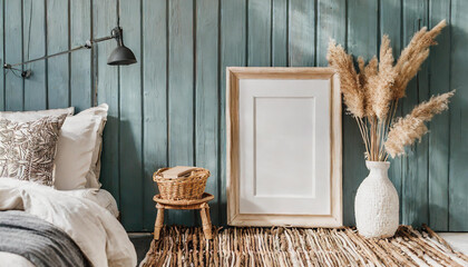Mockup frame in bedroom interior background, Coastal boho style, 3d render