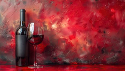 Bottle and glass of red wine on a red background. Copy space for text, banner, 3d - Powered by Adobe