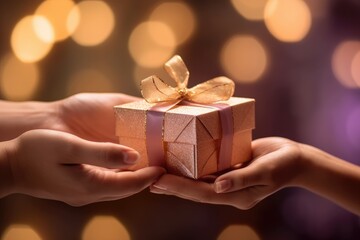 Closeup of hands exchanging a beautifully wrapped gift with a golden ribbon, evoking the warmth and excitement of celebratory occasions