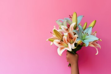 Child's hand grasps a colorful bouquet of lilies against a pink backdrop, kid's present for mother's day