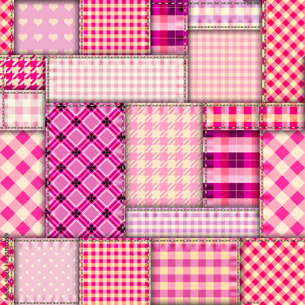 Poster Quilting design patchwork plaid pattern pink colours. Vector pattern.