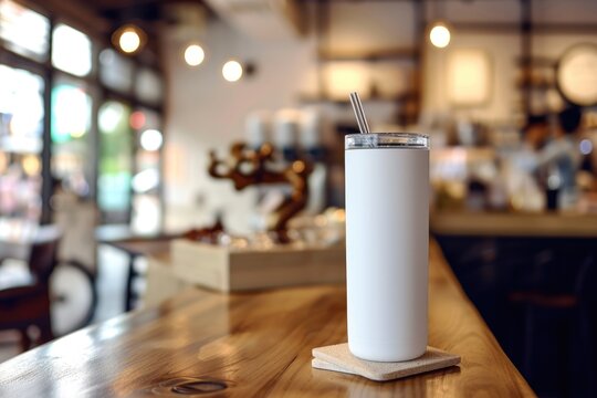 Close up of a white color 20oz Straight Skinny Tumbler includes a lid on Coasters, with a blurred or bokeh background of a modern cafe.