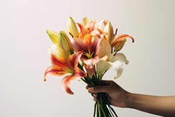 African American woman's hand tenderly holds a bouquet of lilies in a blend of white, orange, and pink, a delicate expression of care and beauty