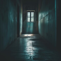 Abandoned corridor with window in the dark. Halloween concept.