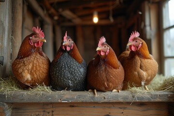 Chickens sit on a roost in a chicken coop